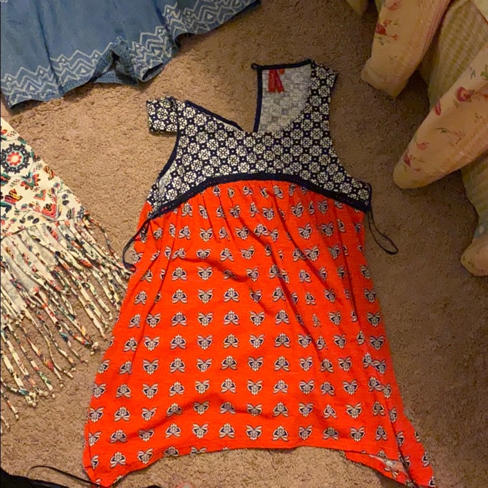 Orange and Navy Tank Top with White Flowers
